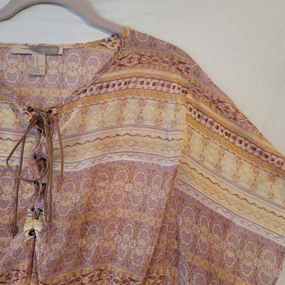 Forever‎ 21 Blouse Womens M Fairy Boho Peasant Top Smocked Waist Lace Up Y2K